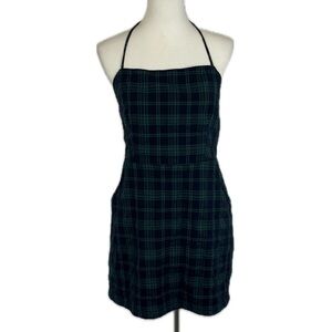 Lulu's Sweetest Memory Navy Plaid Lace-Up Mini Dress Sz L Backless Preppy Indie